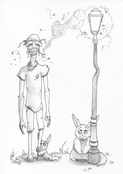 Vieux fumeur du lampadaire tordu