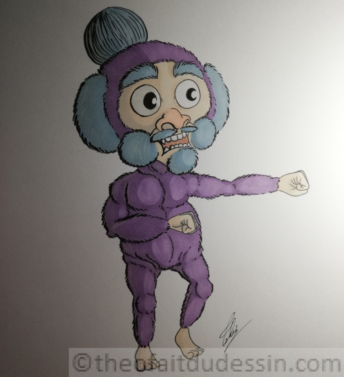 Petit singe poilu et rondouillet violet