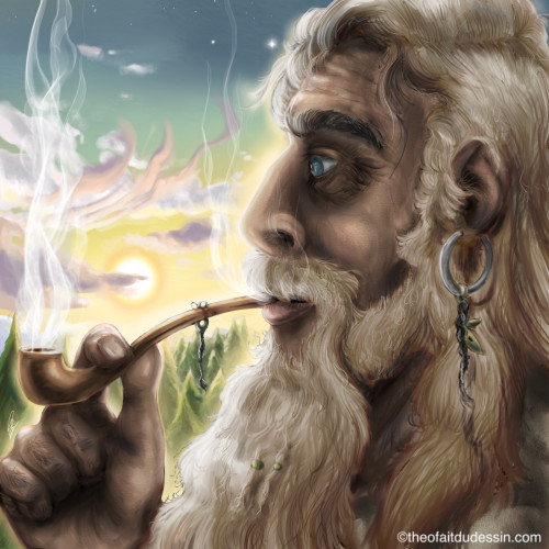 Shaman fumant au soleil couchant