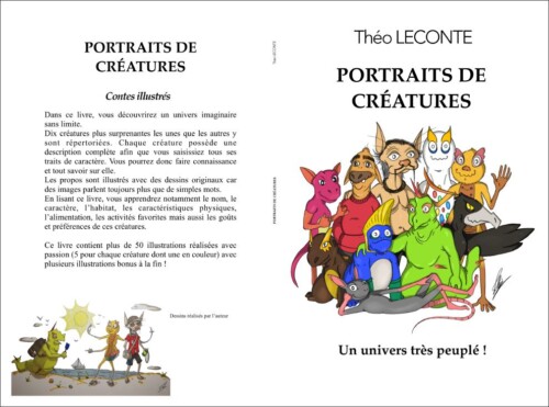Couverture à plat du livre auto édité, Portraits de créatures, dont je suis l'auteur et l'illustrateur.