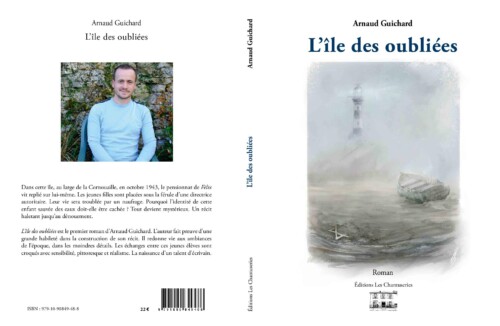 Couverture à plat du roman d'Arnaud Guichard, L'île des oubliées, dont j'ai réalisé l'illustration de couverture.